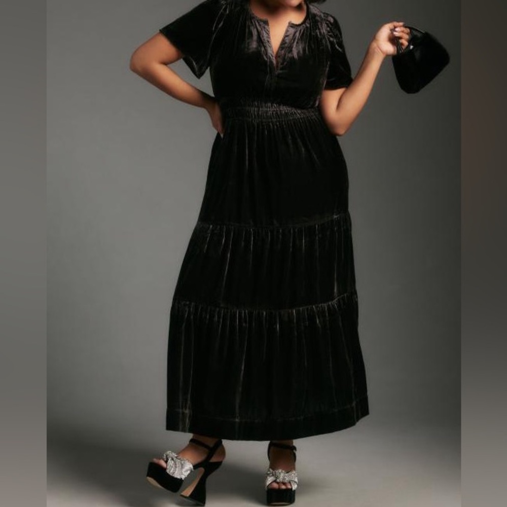 Anthropologie The Somerset Maxi Dress-Velvet Edition-Size Large-Color: Gunmetal